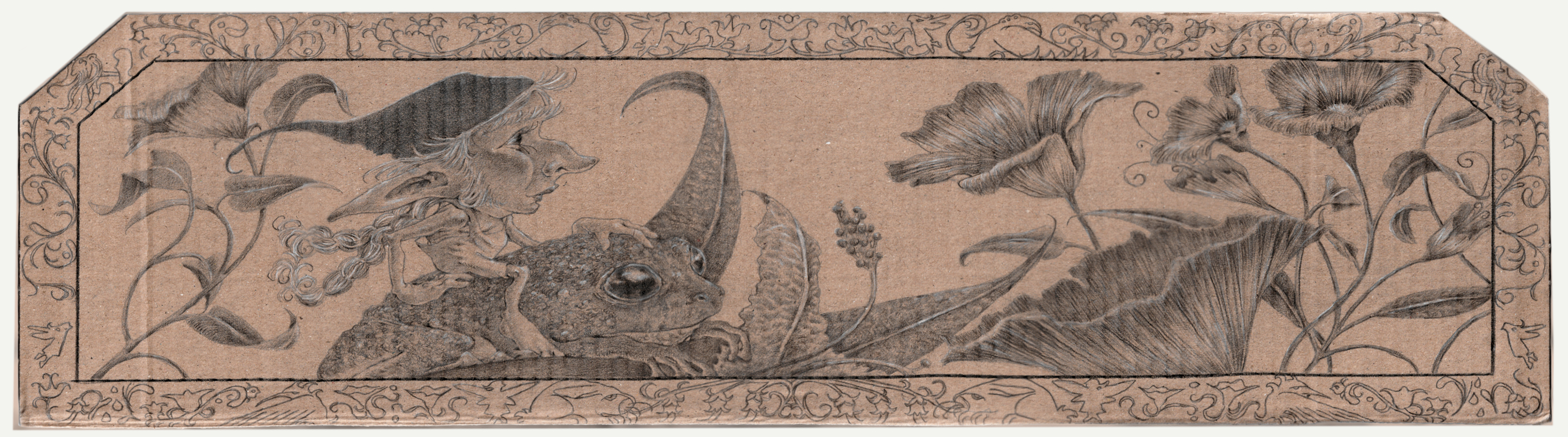 A hopping ride (2025), graphite, black and white pencil on cardboard, 9 x 36 cm